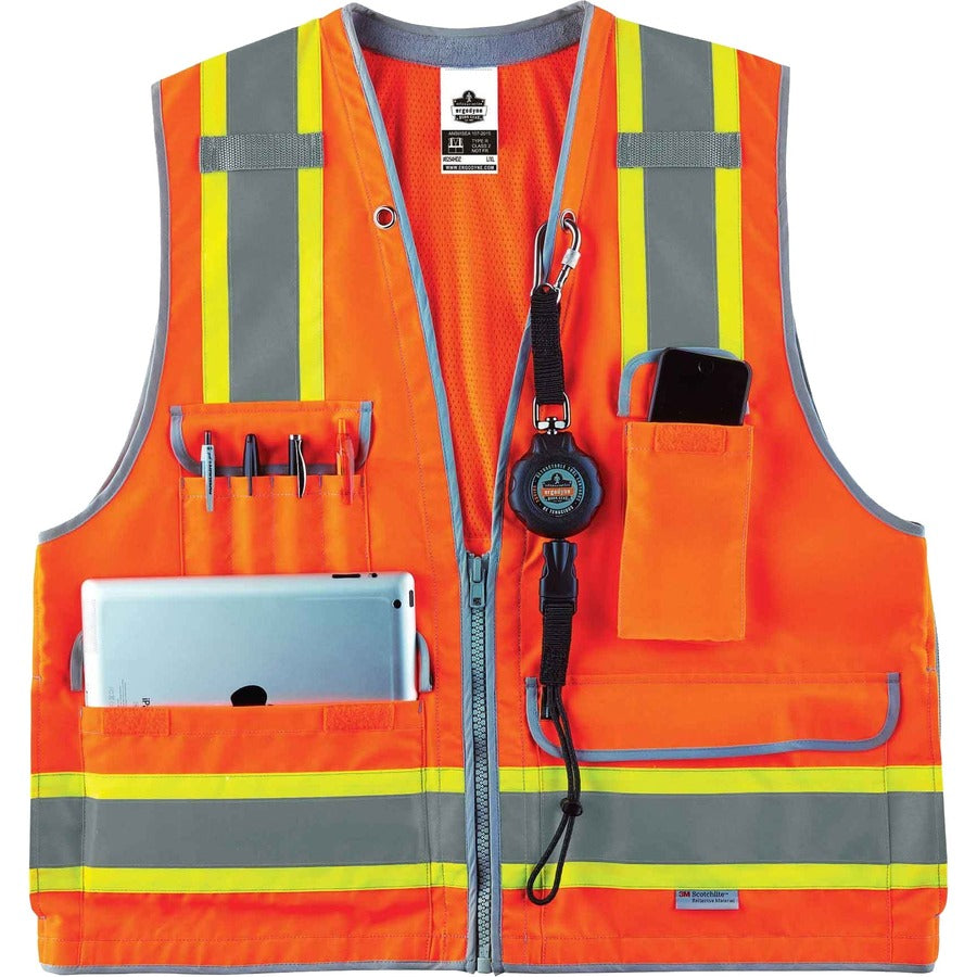 Ergodyne 8254HDZ Type R Class 2 Heavy-Duty Surveyors Vest - 4-Xtra Large/5-Xtra Large - Zipper Closure - Polyester, Mesh