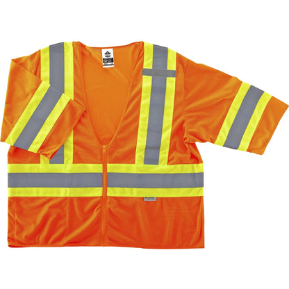 Ergodyne 8330Z Type R Class 3 Two-Tone Vest - Large/Extra Large - Zipper Closure - Polyester Mesh - Orange - Pocket, Mic