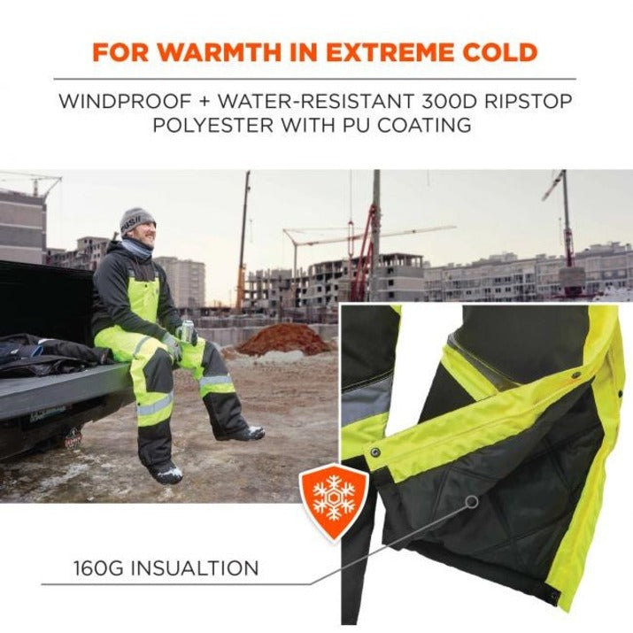 Ergodyne 8928 Class E Insulated Bibs - Bib Overall - X-Large - Lime - Polyurethane, 300D Oxford Polyester