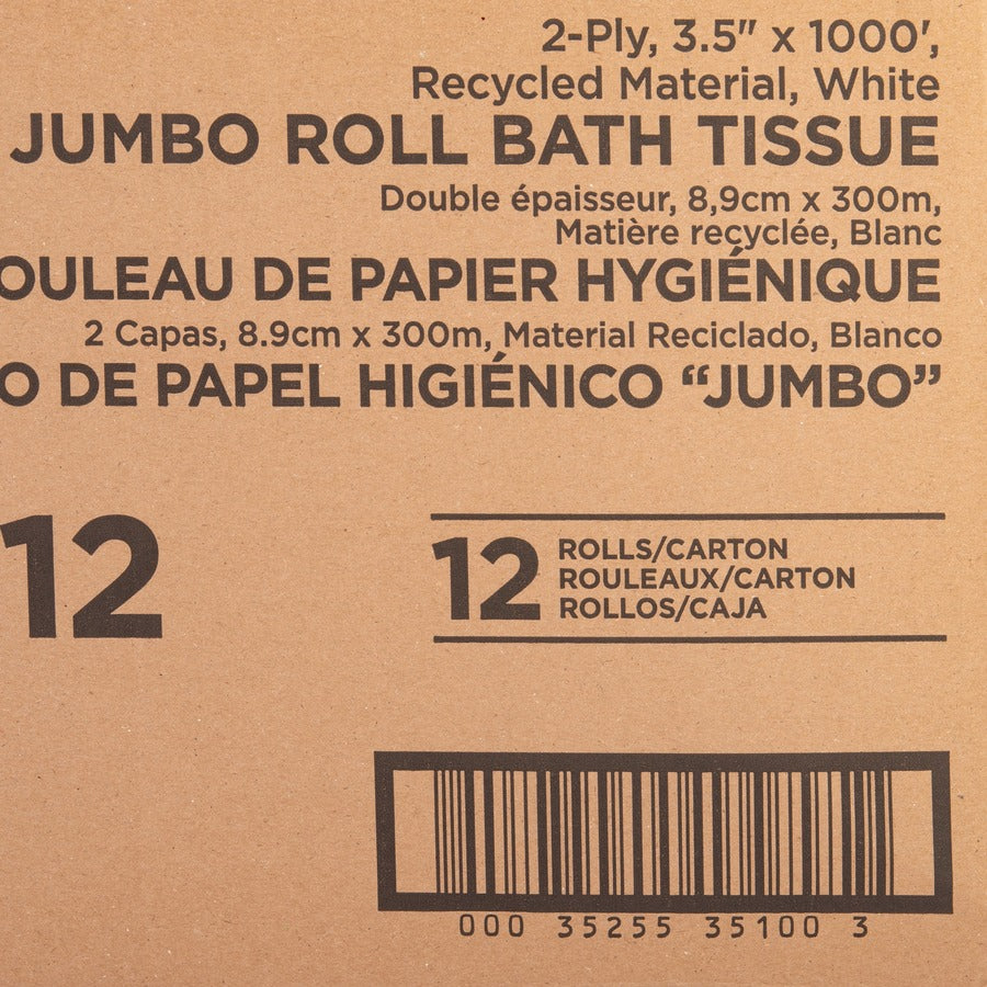 Genuine Joe Jumbo Jr Dispenser Bath Tissue Roll - 2 Ply - 3.50" Width x 1000 ft Length - 8.88" Roll Diameter - White - F