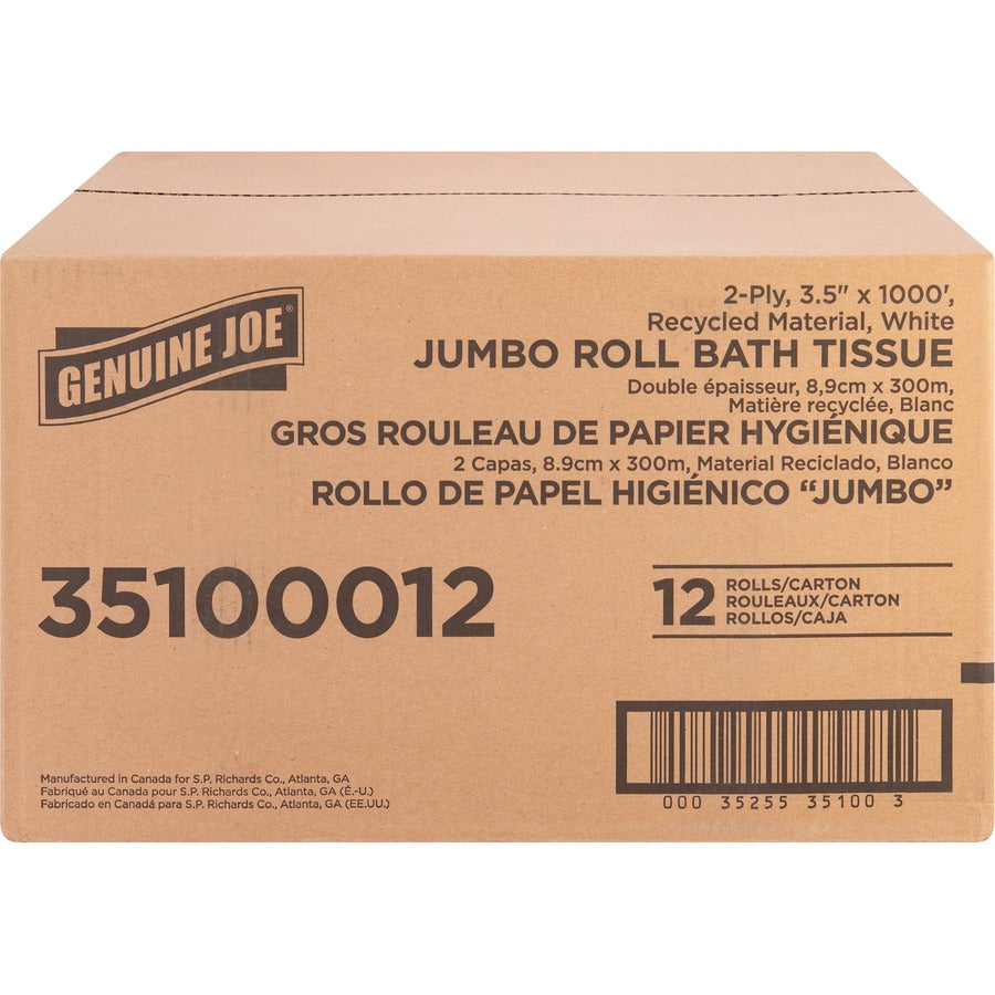 Genuine Joe Jumbo Jr Dispenser Bath Tissue Roll - 2 Ply - 3.50" Width x 1000 ft Length - 8.88" Roll Diameter - White - F
