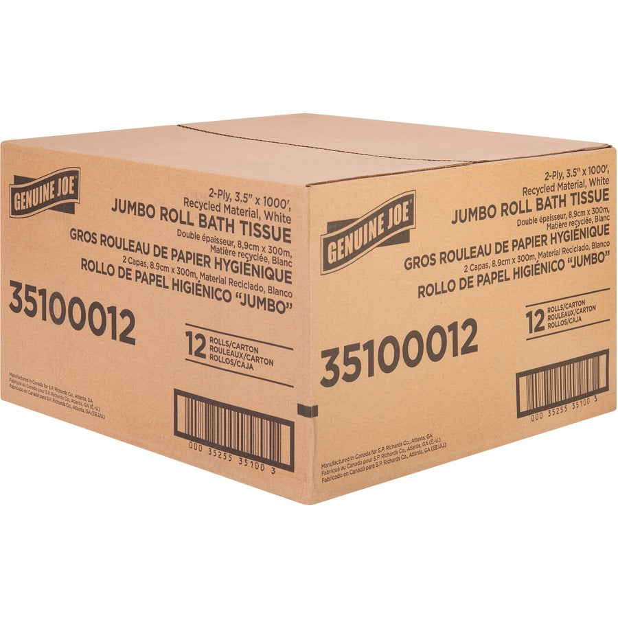 Genuine Joe Jumbo Jr Dispenser Bath Tissue Roll - 2 Ply - 3.50" Width x 1000 ft Length - 8.88" Roll Diameter - White - F