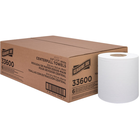 Genuine Joe Centerpull Towel Rolls - 8.13" Width x 7.56" Length - 600 Sheets/Roll - 3" Core - White - Virgin Fiber - 6 /