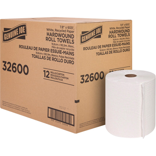 Genuine Joe Hardwound Roll Paper Towels - 7.80" Width x 600 ft Length - 2" Core - Embossed Design - White - Paper - 12 /