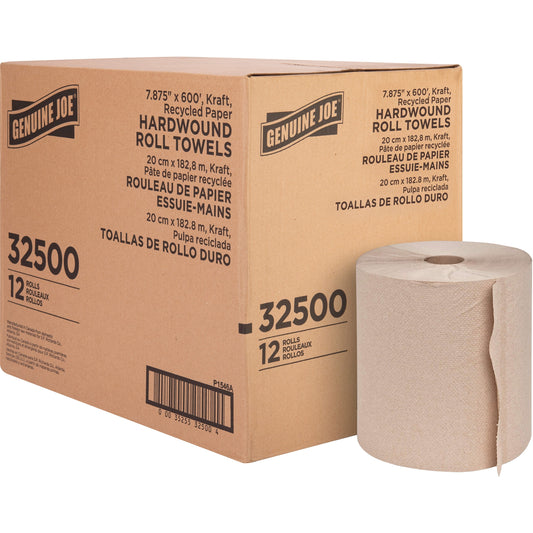 Genuine Joe Embossed Hardwound Roll Towels - 7.87" Width x 600 ft Length - 2" Core - Embossed Design - Brown - 12 / Cart