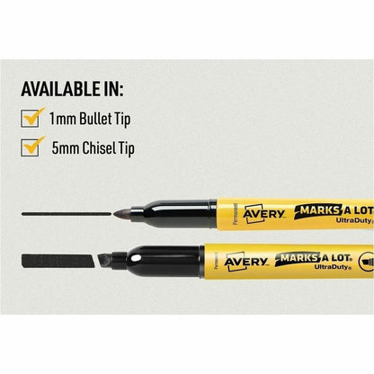 Avery® Marks A Lot UltraDuty Markers - Bullet, 1 mm Marker Point - Black Ink - Writing - 12 / Pack