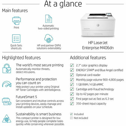 HP LaserJet Enterprise M406dn Desktop Laser Printer - Monochrome - 40 ppm Mono - 1200 x 1200 dpi Print - Automatic Duple