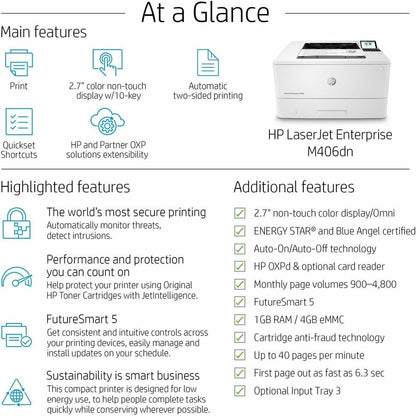 HP LaserJet Enterprise M406dn Desktop Laser Printer - Monochrome - 40 ppm Mono - 1200 x 1200 dpi Print - Automatic Duple