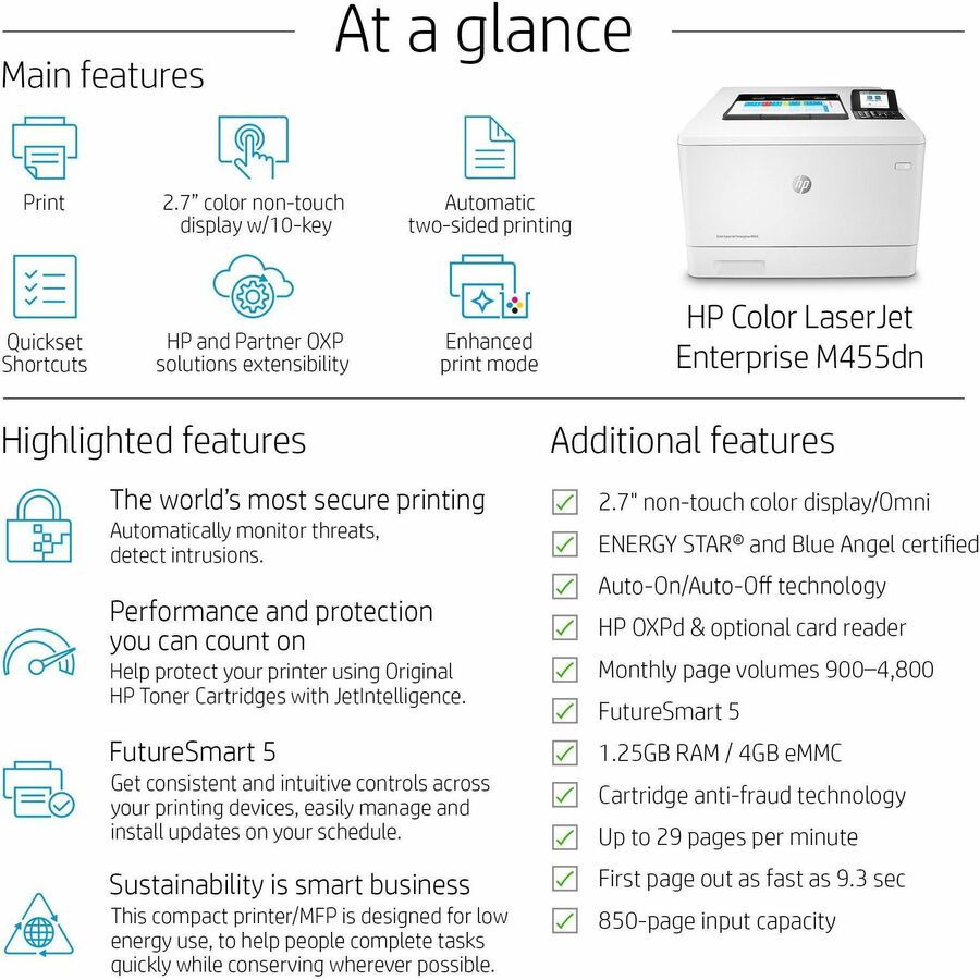 HP LaserJet Enterprise M455dn Desktop Laser Printer - Color - 27 ppm Mono / 27 ppm Color - 600 x 600 dpi Print - Automat