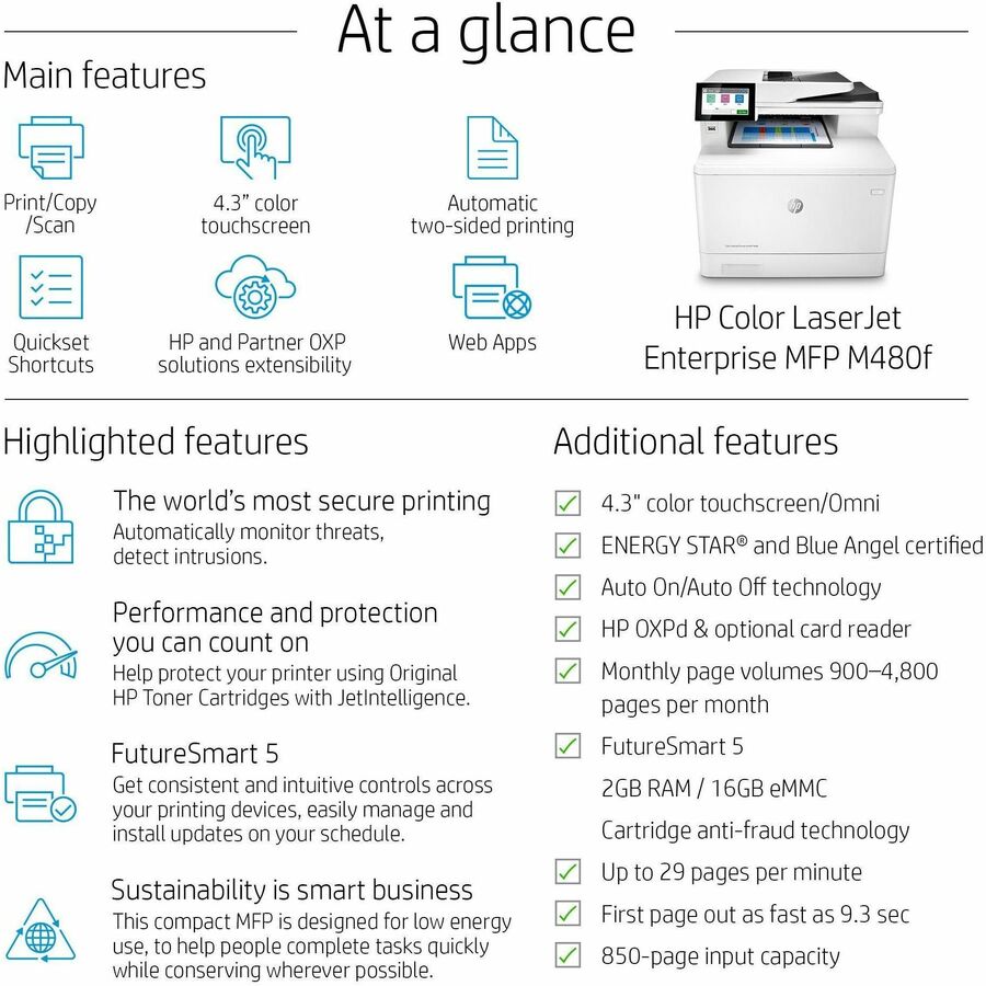 HP LaserJet Enterprise M480f Laser Multifunction Printer - Color - Copier/Fax/Printer/Scanner - 27 ppm Mono/27 ppm Color