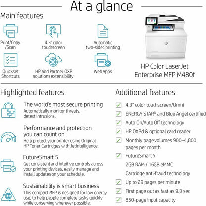 HP LaserJet Enterprise M480f Laser Multifunction Printer - Color - Copier/Fax/Printer/Scanner - 27 ppm Mono/27 ppm Color