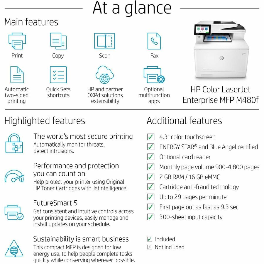 HP LaserJet Enterprise M480f Laser Multifunction Printer - Color - Copier/Fax/Printer/Scanner - 27 ppm Mono/27 ppm Color