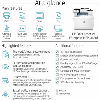 HP LaserJet Enterprise M480f Laser Multifunction Printer - Color - Copier/Fax/Printer/Scanner - 27 ppm Mono/27 ppm Color