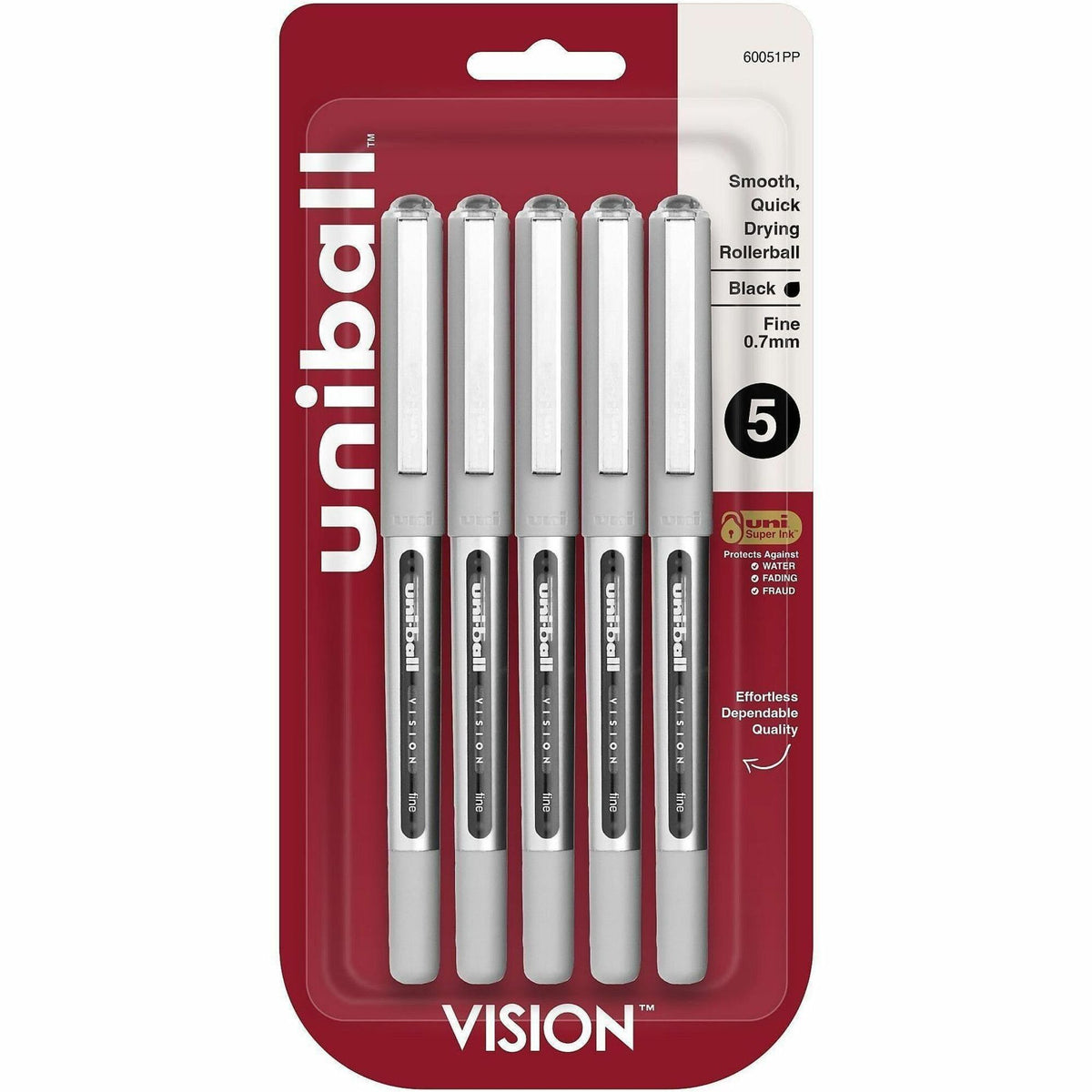 uniball™ Vision Rollerball Pen - 0.7 mm Fine Pen Point - Black Ink - 5 / Pack