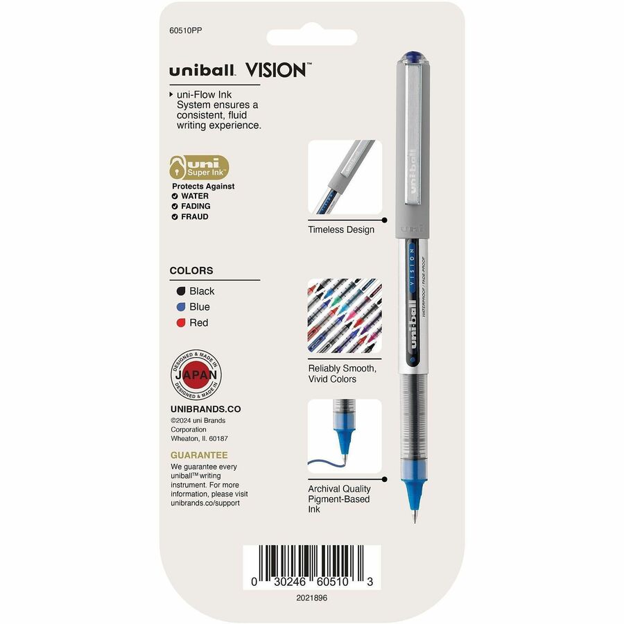 uniball™ Vision Rollerball Pen - 0.7 mm Fine Pen Point - Black, Blue, Red Ink - 5 / Pack