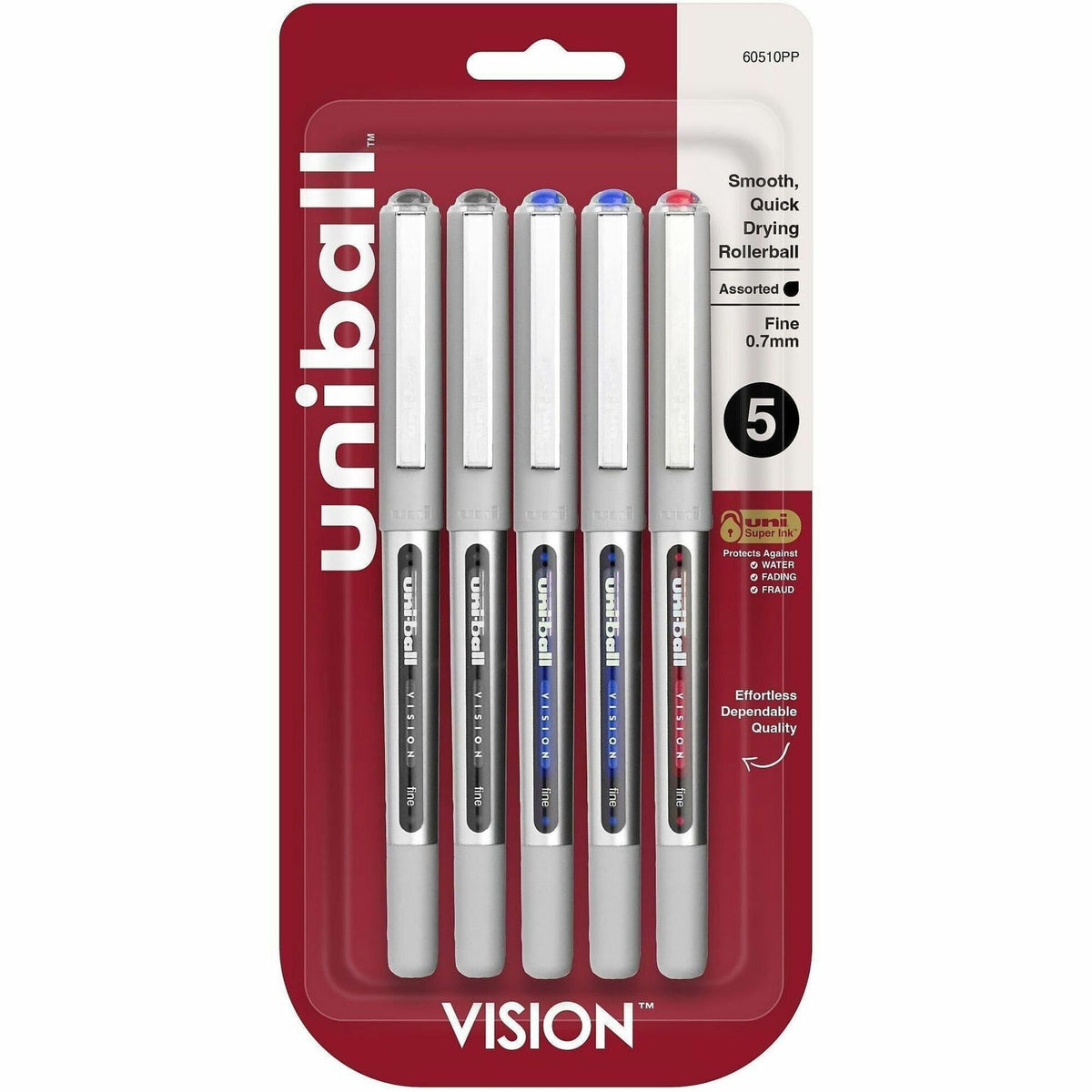 uniball™ Vision Rollerball Pen - 0.7 mm Fine Pen Point - Black, Blue, Red Ink - 5 / Pack