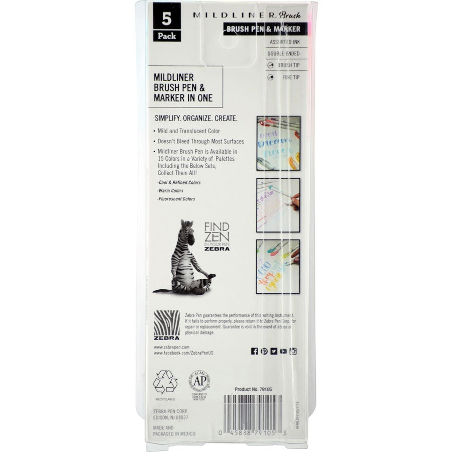 Zebra MILDLINER Dual Ended Brush Pen & Marker Set - Fine Marker Point - Brush Marker Point Style - 5 / Pack
