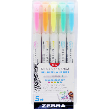 Zebra MILDLINER Dual Ended Brush Pen & Marker Set - Fine Marker Point - Brush Marker Point Style - 5 / Pack