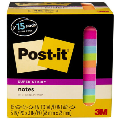 Post-it® Super Sticky Notes - 15 - 3" Flag/Note Width x 3" Flag/Note Length - Square - 45 Sheets per Pad - 15 / Pack