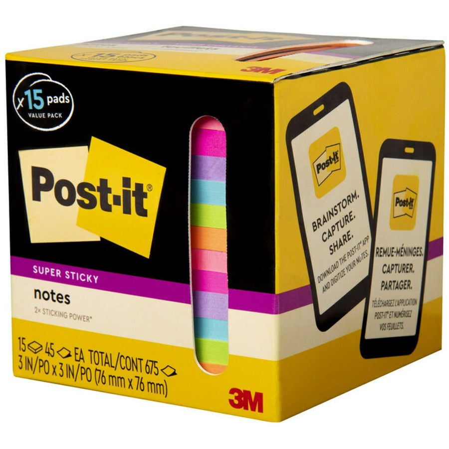 Post-it® Super Sticky Notes - 15 - 3" Flag/Note Width x 3" Flag/Note Length - Square - 45 Sheets per Pad - 15 / Pack