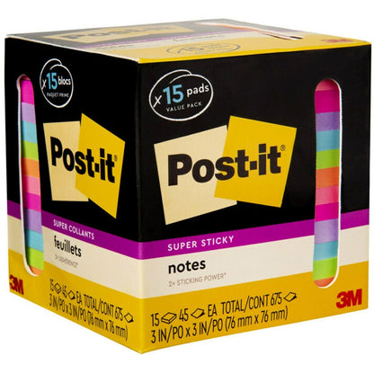 Post-it® Super Sticky Notes - 15 - 3" Flag/Note Width x 3" Flag/Note Length - Square - 45 Sheets per Pad - 15 / Pack