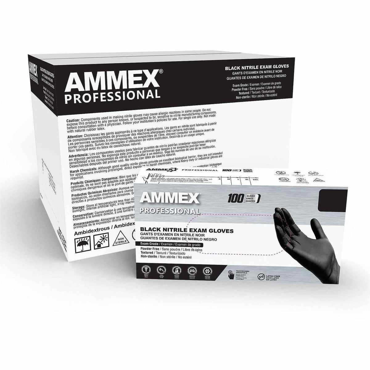 Ammex Examination Gloves - 4 mil Thickness - Small Size - Black - 10 / Carton