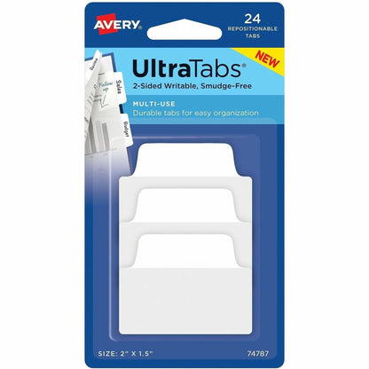 Avery® Ultra Tabs Repositionable Multi-Use Tabs - 24 Tab(s) - 8 Tab(s)/Set - Removable - Clear Film, White Paper Tab(s) 
