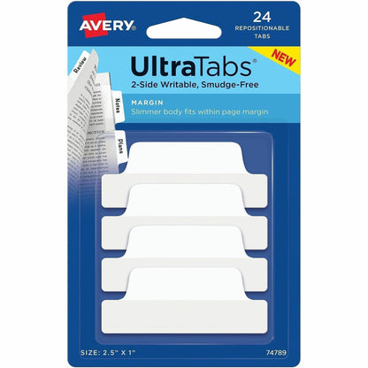 Avery® Ultra Tabs Repositionable Margin Tabs - 24 Tab(s) - 6 Tab(s)/Set - Removable - Clear Film, White Paper Tab(s) - 2