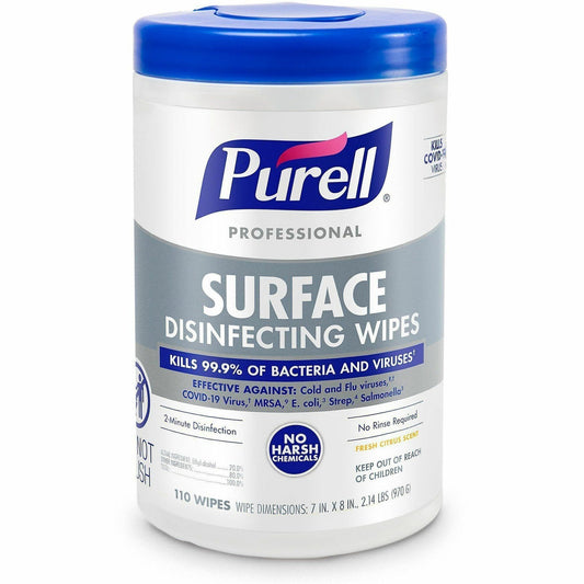PURELL® Professional Surface Disinfecting Wipes - Ready-To-Use - Fresh Citrus Scent - 8" Length x 7" Width - 1 Each