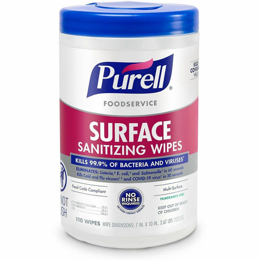 PURELL® Foodservice Surface Sanitizing Wipes - Ready-To-Use - 10" Length x 7" Width - Rinse-free, Fragrance-free, Durabl