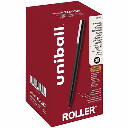 uniball™ Roller Rollerball Pen - 0.5 mm Pen Point - Black Ink - Liquid - Black Barrel - 36 / Pack