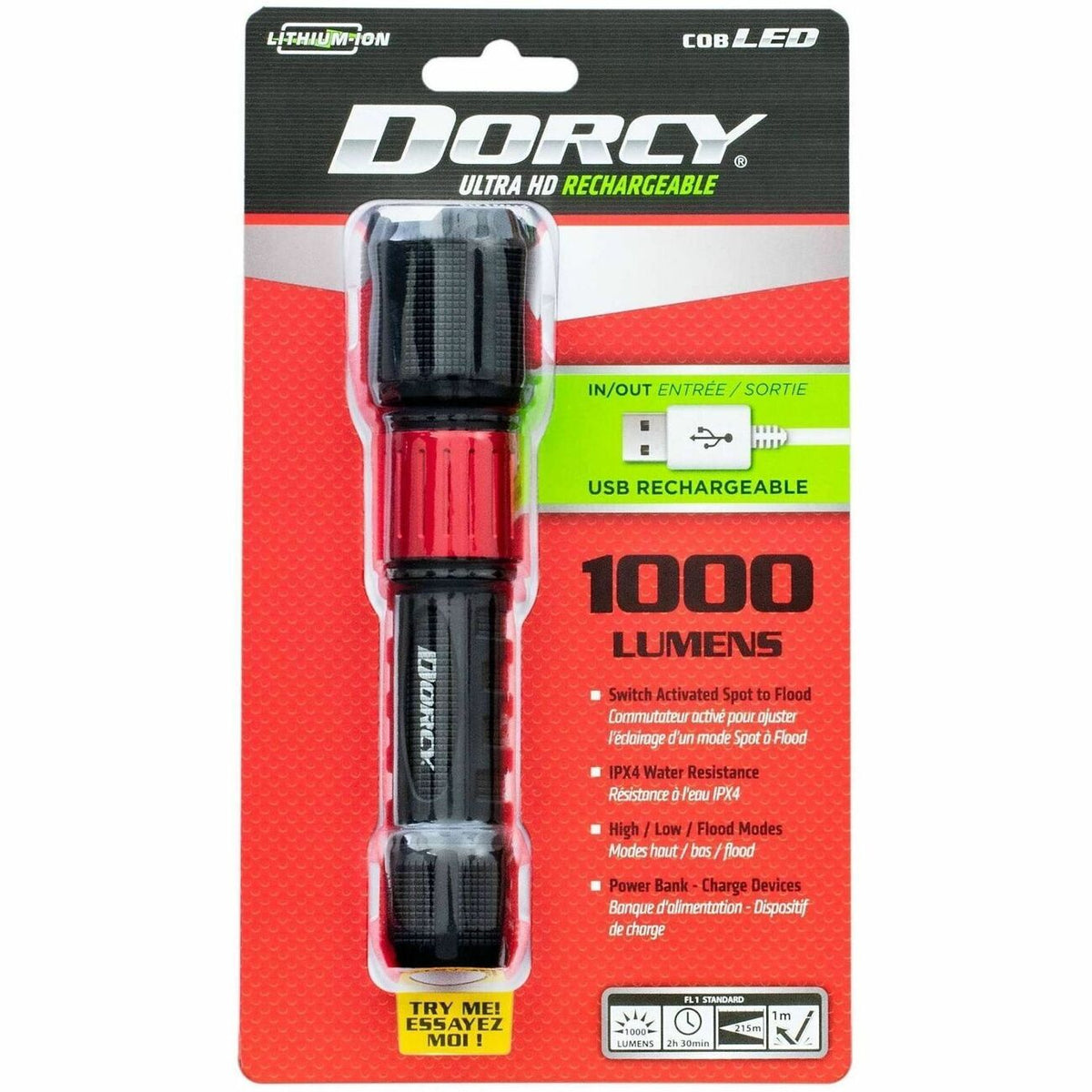 Dorcy Ultra 1000 Lumen USB Rechargeable Flashlight With Powerbank - LED - 1000 lm Lumen - 1 - Lithium Ion (Li-Ion) - Bat