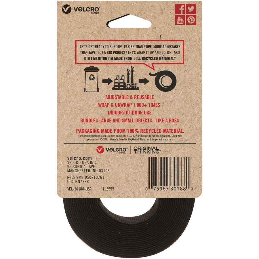 VELCRO® Strap,Adjustable,Reusable,Recycled,1"x10',Black - Cable Strap - Black - 1 Each