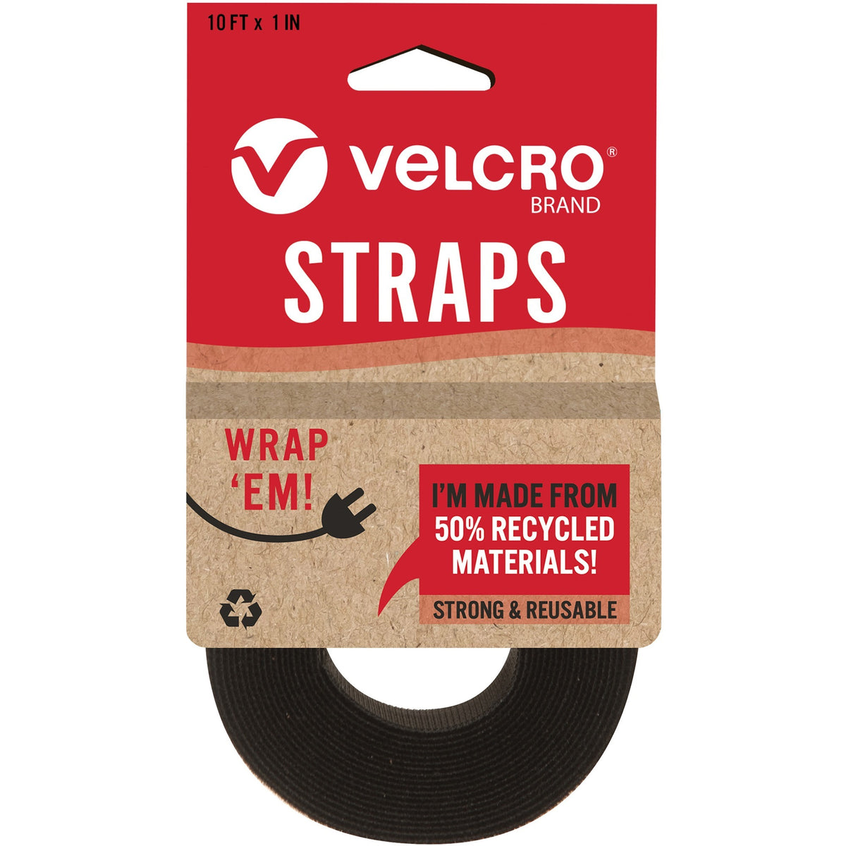 VELCRO® Strap,Adjustable,Reusable,Recycled,1"x10',Black - Cable Strap - Black - 1 Each
