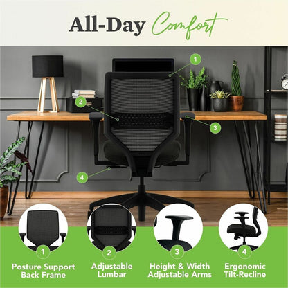 HON Solve Chair - Fabric Seat Material - Black Back Color - Mesh Back Material - Black Frame Color - Mid Back - Ink - 1 