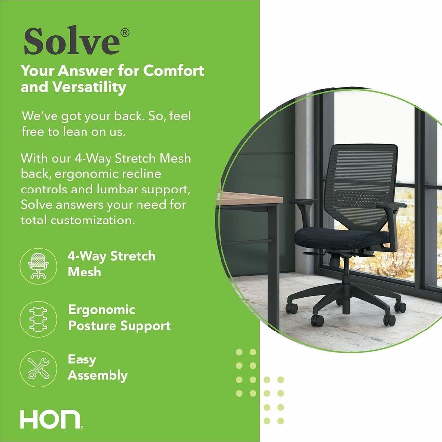 HON Solve Chair - Fabric Seat Material - Black Back Color - Mesh Back Material - Black Frame Color - Mid Back - Ink - 1 