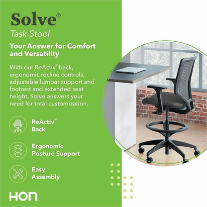 HON Solve Sitting Stool - Fabric Seat Material - Charcoal Back Color - Mesh Back Material - Black Frame Color - Mid Back