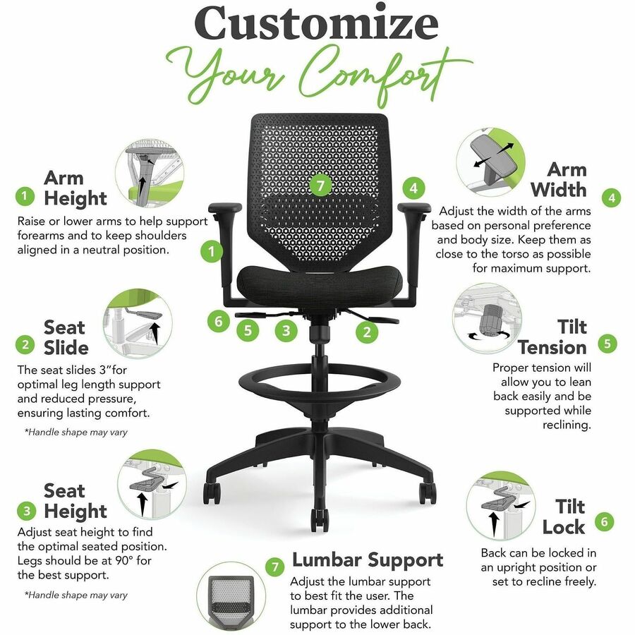 HON Solve Sitting Stool - Fabric Seat Material - Charcoal Back Color - Mesh Back Material - Black Frame Color - Mid Back