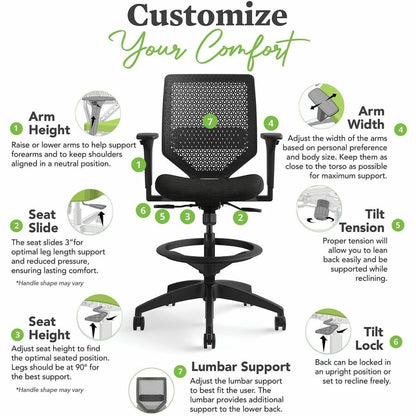 HON Solve Sitting Stool - Fabric Seat Material - Charcoal Back Color - Mesh Back Material - Black Frame Color - Mid Back