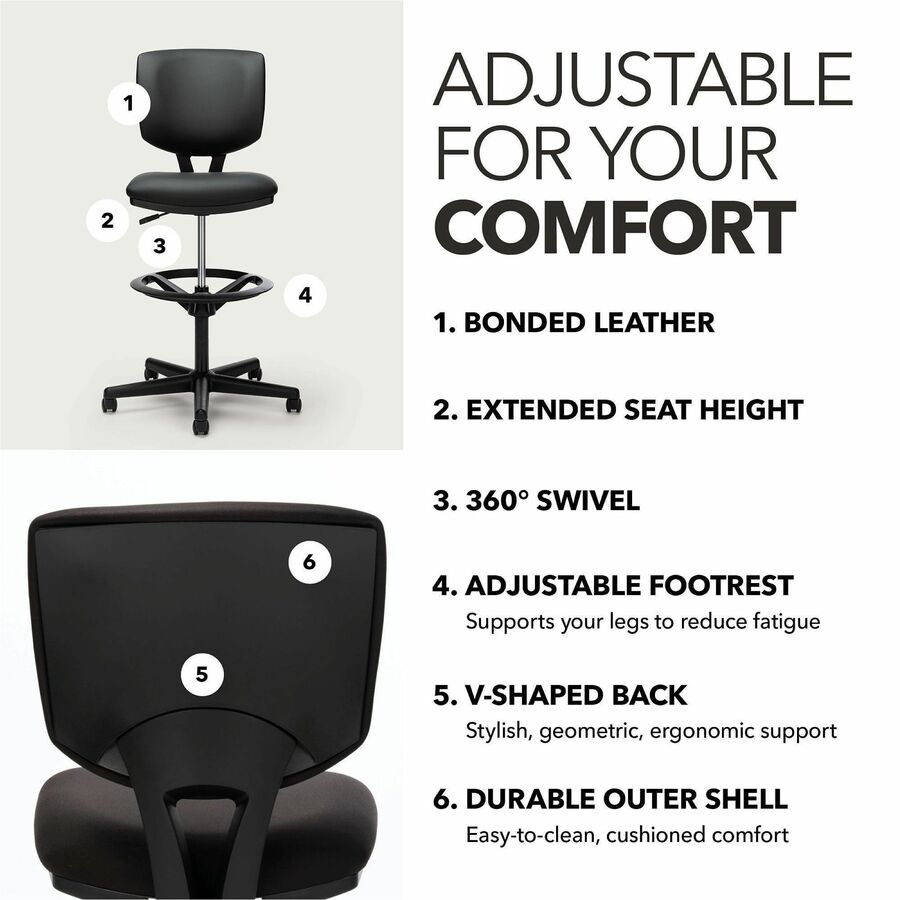 HON Volt Sitting Stool - Black Seat Color - Bonded Leather Seat Material - Black Back Color - Bonded Leather Back Materi