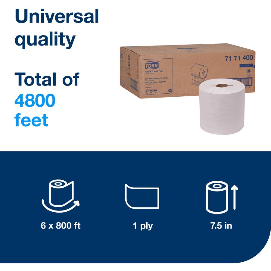 TORK Paper Hand Towel Roll Natural White H71 - 1 Ply - Trifold - 7.80" Roll Diameter - 1 15/16" Core - Natural White - F