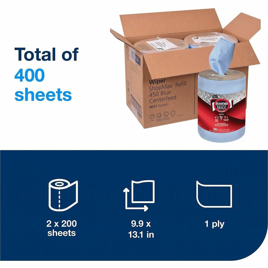 TORK ShopMax Heavy Duty Centerfeed Paper Towel Blue W22 - 1 Ply - 13.10" Length - 200 Sheets/Roll - Blue - Paper - 2 Rol