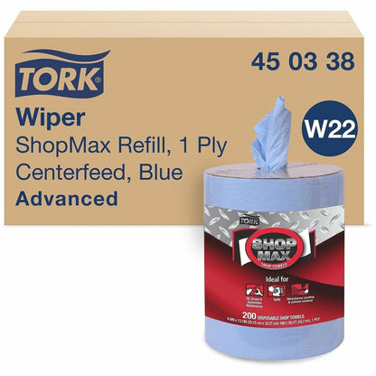 TORK ShopMax Heavy Duty Centerfeed Paper Towel Blue W22 - 1 Ply - 13.10" Length - 200 Sheets/Roll - Blue - Paper - 2 Rol