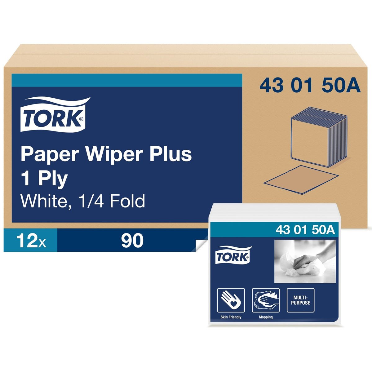 TORK Paper Wiper Plus White Self Dispensing - 1 Ply - Quarter-fold - 12.50" Width x 13" Length - White - Paper - 90/Pack
