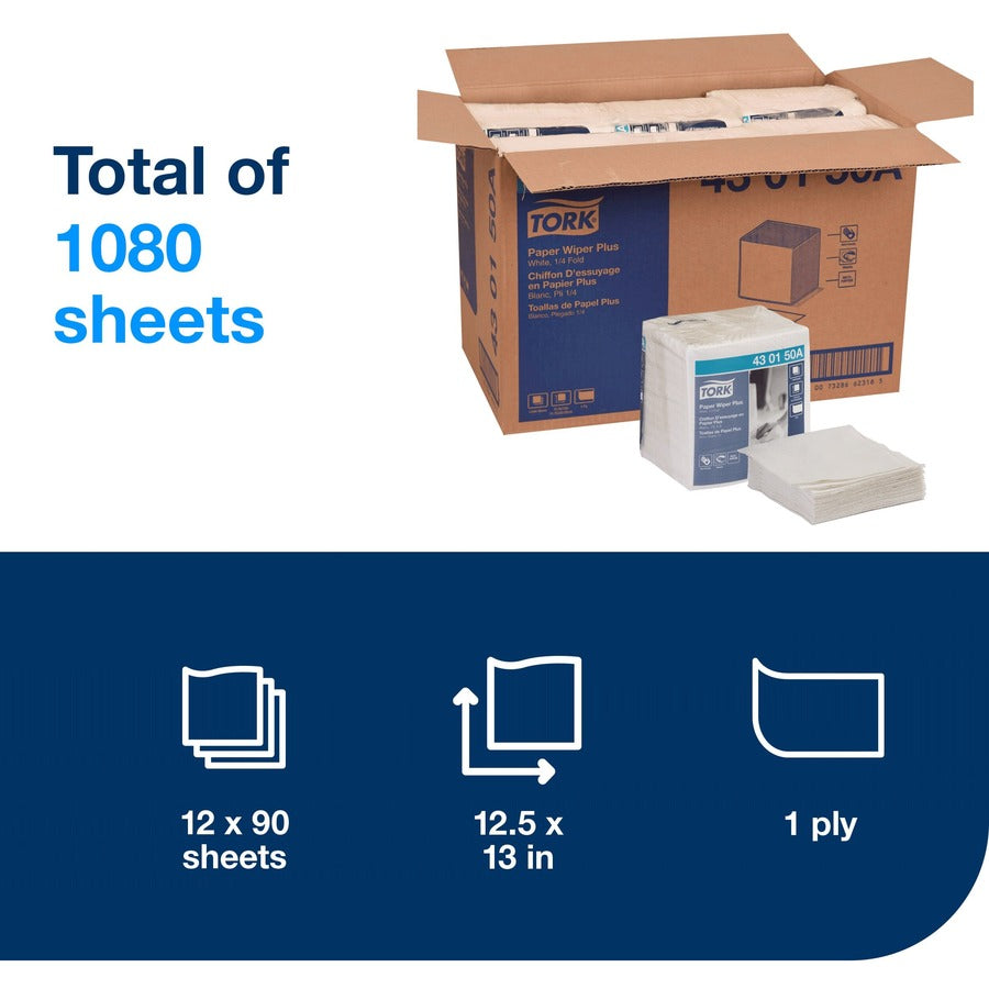 TORK Paper Wiper Plus White Self Dispensing - 1 Ply - Quarter-fold - 12.50" Width x 13" Length - White - Paper - 90/Pack
