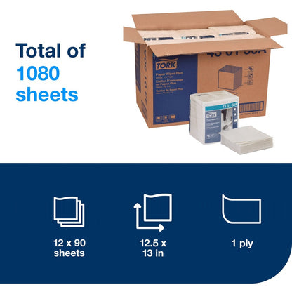 TORK Paper Wiper Plus White Self Dispensing - 1 Ply - Quarter-fold - 12.50" Width x 13" Length - White - Paper - 90/Pack