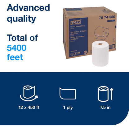 TORK Advanced Hand Towel Roll - 1 Ply - 1 15/16" Core - Texture - White - Paper - 12 / Carton