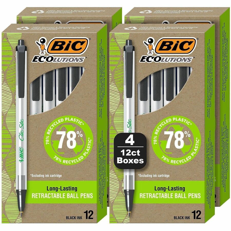 BIC Ecolutions Clic Stic Ballpoint Pen - 1.0 mm Medium Pen Point - Retractable - Black Ink - Semi Clear Barrel - 48 / Pa