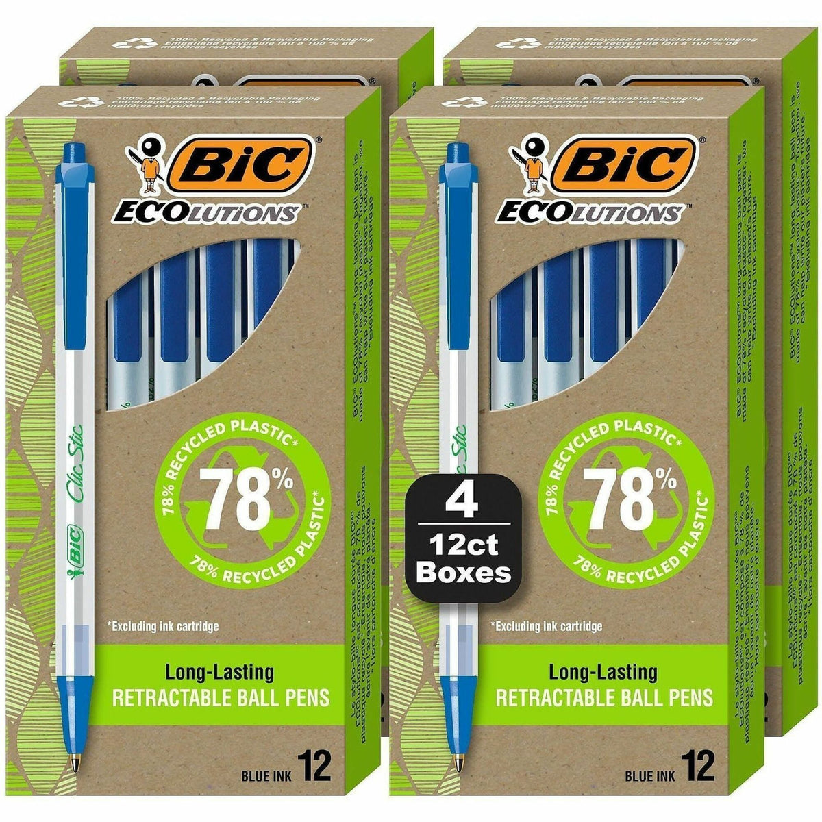 BIC Ecolutions Clic Stic Ballpoint Pen - 1.0 mm Medium Pen Point - Retractable - Blue Ink - Semi Clear Barrel - 48 / Pac