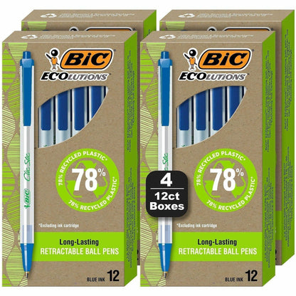 BIC Ecolutions Clic Stic Ballpoint Pen - 1.0 mm Medium Pen Point - Retractable - Blue Ink - Semi Clear Barrel - 48 / Pac